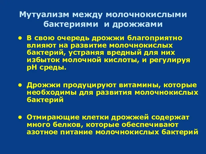 Мутуализм между молочнокислыми бактериями и дрожжами В свою очередь дрожжи