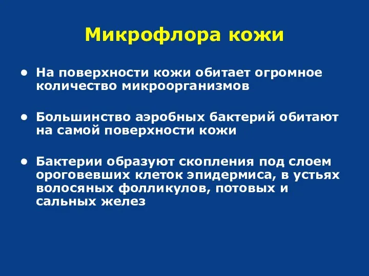 Микрофлора кожи На поверхности кожи обитает огромное количество микроорганизмов Большинство