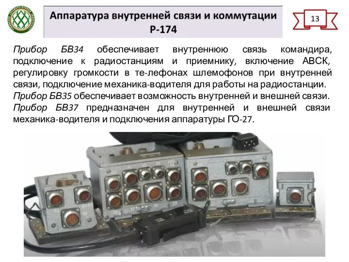 13 Прибор БВ34 обеспечивает внутреннюю связь командира, подключение к радиостанциям