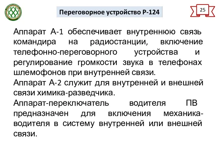 25 Аппарат А-1 обеспечивает внутреннюю связь командира на радиостанции, включение