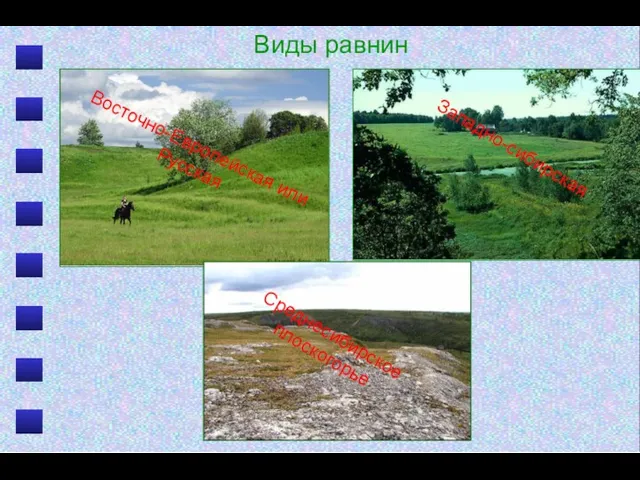 Восточно-Европейская или Русская Западно-сибирская Среднесибирское плоскогорье Виды равнин