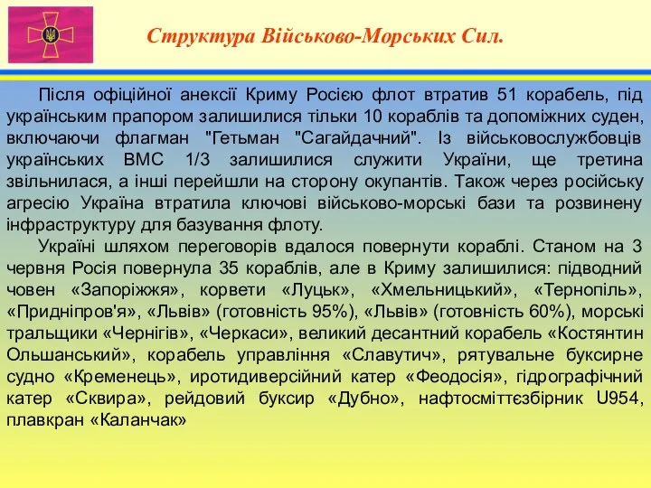 4 Структура Військово-Морських Сил. Після офіційної анексії Криму Росією флот