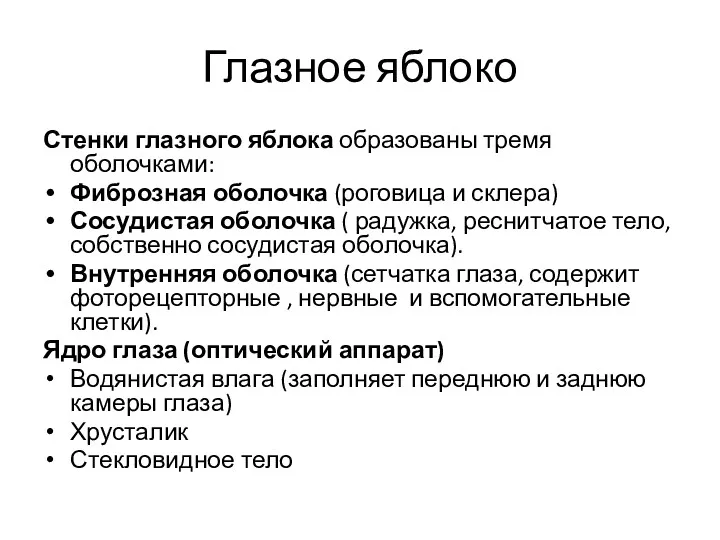 Глазное яблоко Стенки глазного яблока образованы тремя оболочками: Фиброзная оболочка