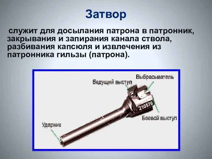 Затвор служит для досылания патрона в патронник, закрывания и запирания