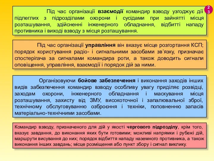 Організовуючи бойове забезпечення і виконання заходів інших видів забезпечення командир