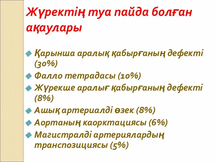 Жүректің туа пайда болған ақаулары Қарынша аралық қабырғаның дефекті (30%) Фалло тетрадасы (10%)