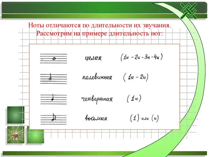 Ноты отличаются по длительности их звучания. Рассмотрим на примере длительность нот: