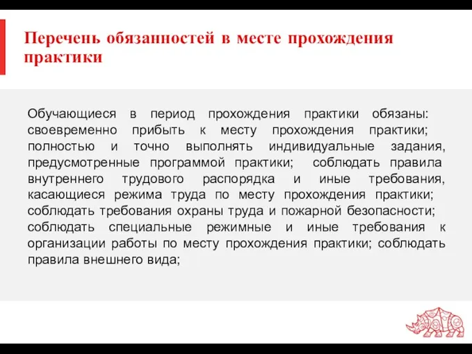 Перечень обязанностей в месте прохождения практики Обучающиеся в период прохождения