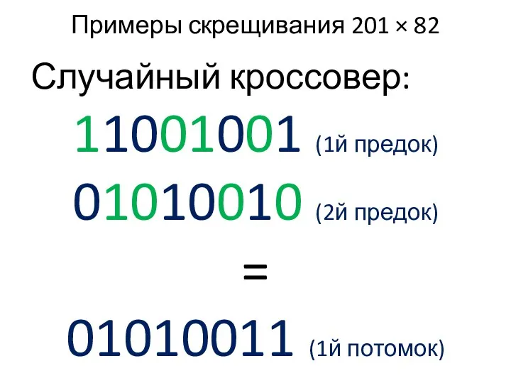 Примеры скрещивания 201 × 82 Случайный кроссовер: 11001001 (1й предок)