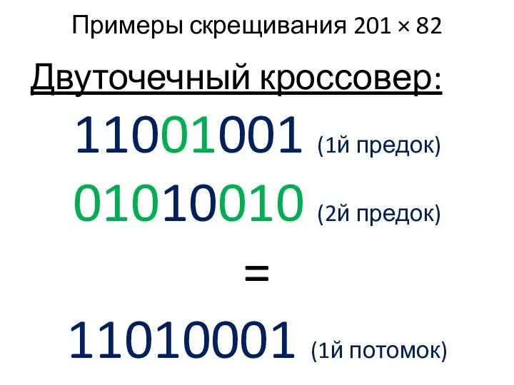 Примеры скрещивания 201 × 82 Двуточечный кроссовер: 11001001 (1й предок)