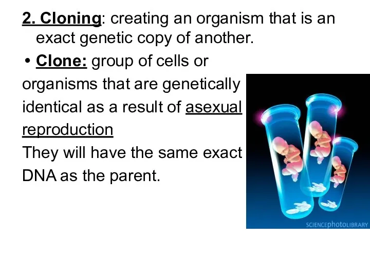 2. Cloning: creating an organism that is an exact genetic