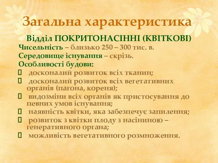 Загальна характеристика Відділ ПОКРИТОНАСІННІ (КВІТКОВІ) Чисельність – близько 250 –