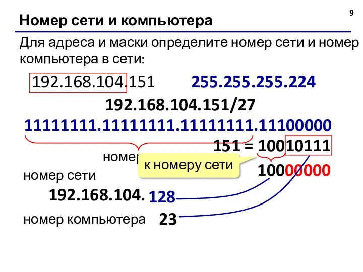 Номер сети и компьютера Для адреса и маски определите номер