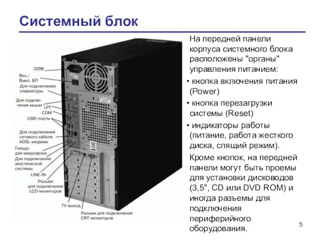 Системный блок На передней панели корпуса системного блока расположены "органы"