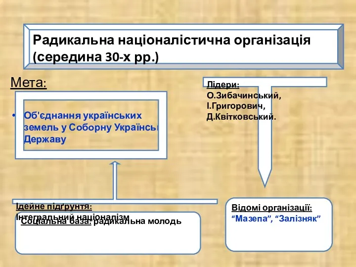 Мета: Об'єднання українських земель у Соборну Українську Державу Радикальна націоналістична