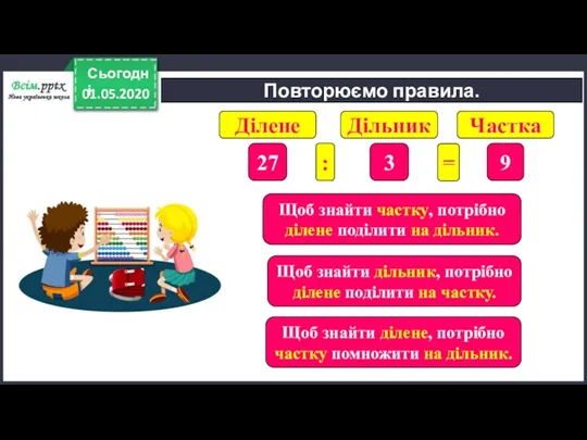 01.05.2020 Сьогодні Повторюємо правила. Щоб знайти ділене, потрібно частку помножити