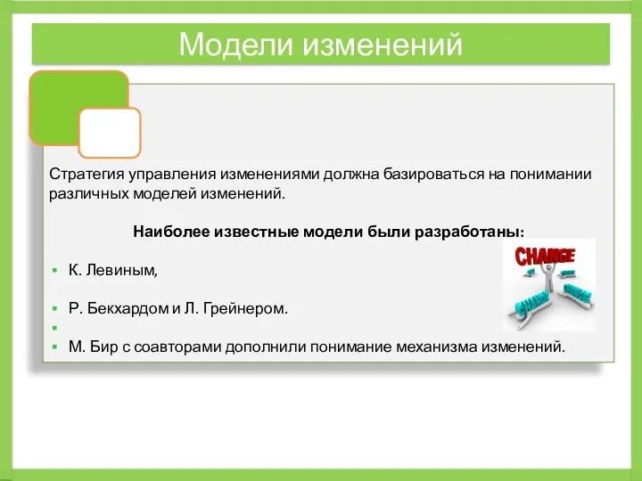 Модели изменений Стратегия управления изменениями должна базироваться на понимании различных