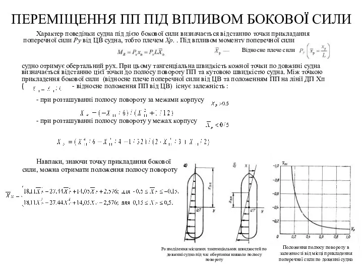 Характер поведінки судна під дією бокової сили визначається відстанню точки