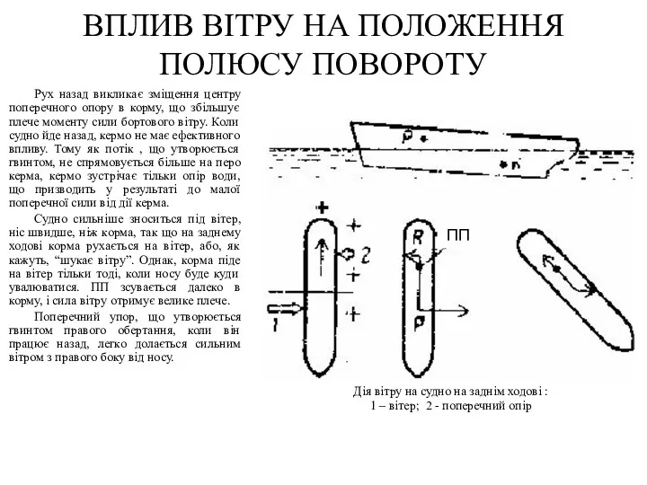 Рух назад викликає зміщення центру поперечного опору в корму, що