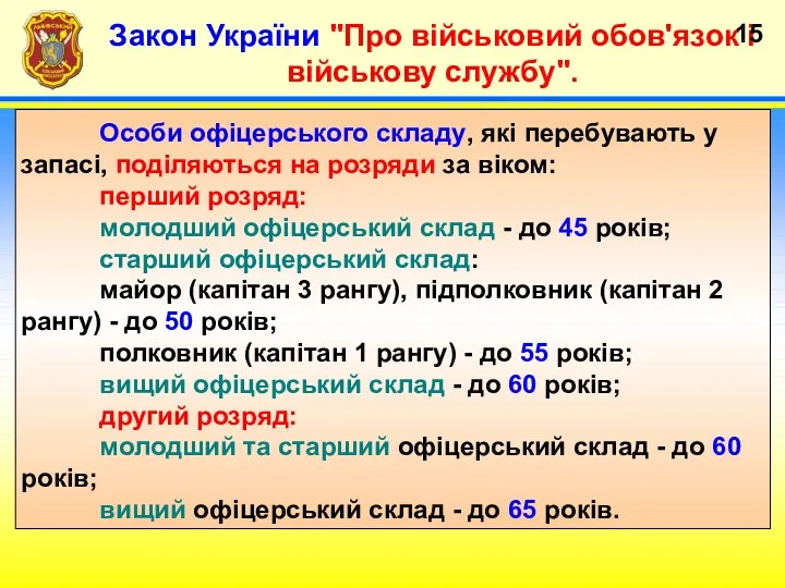 Закон України "Про військовий обов'язок і військову службу". Особи офіцерського