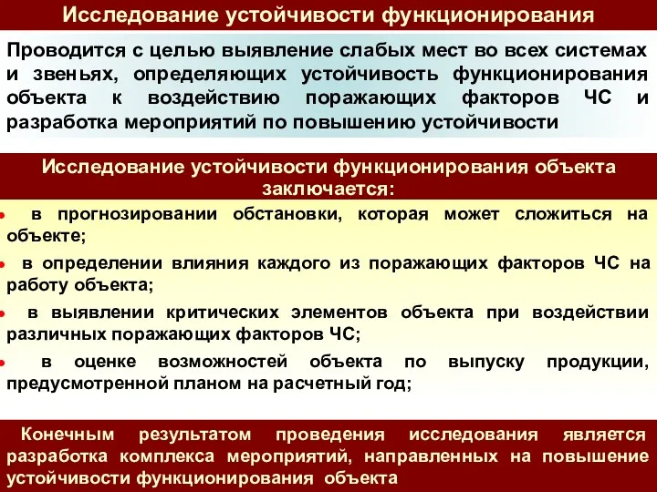 Исследование устойчивости функционирования объекта заключается: в прогнозировании обстановки, которая может сложиться на объекте;