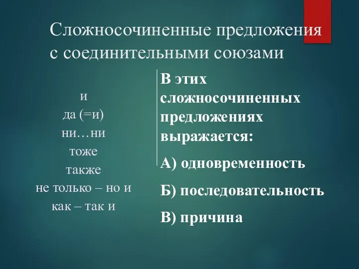 Сложносочиненные предложения с соединительными союзами и да (=и) ни…ни тоже