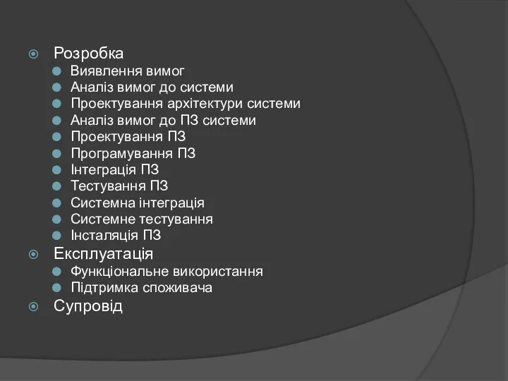 Розробка Виявлення вимог Аналіз вимог до системи Проектування архітектури системи