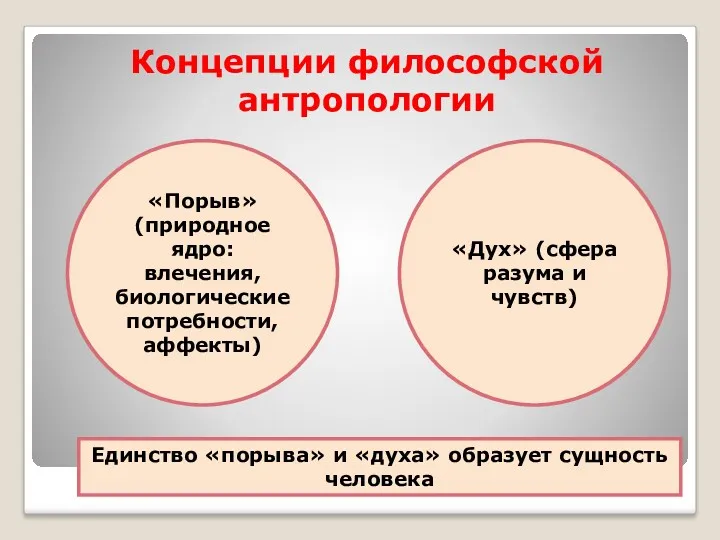 Концепции философской антропологии «Порыв» (природное ядро: влечения, биологические потребности, аффекты)