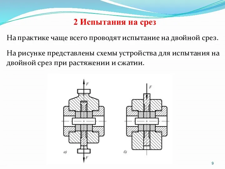 2 Испытания на срез На практике чаще всего проводят испытание на двойной срез.