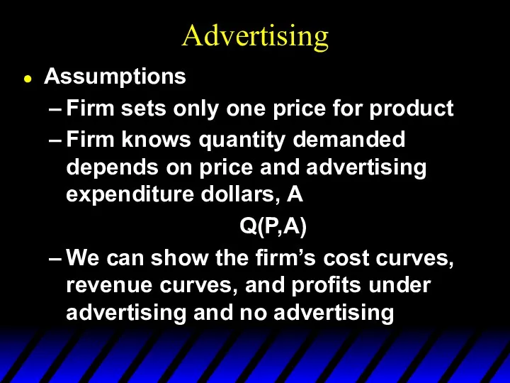Advertising Assumptions Firm sets only one price for product Firm knows quantity demanded