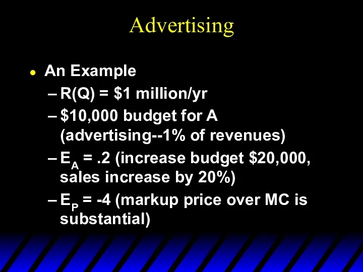 Advertising An Example R(Q) = $1 million/yr $10,000 budget for A (advertising--1% of