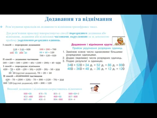 Додавання та віднімання Розв’язування прикладів на додавання та віднімання трицифрових