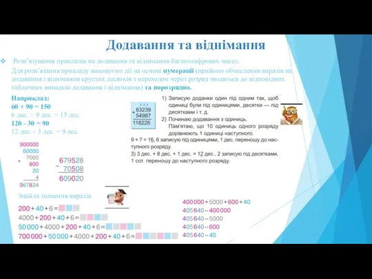 Додавання та віднімання Розв’язування прикладів на додавання та віднімання багатоцифрових