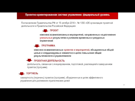 Проектно-ориентированная система управления: федеральный уровень Постановление Правительства РФ от 15 октября 2016 г.