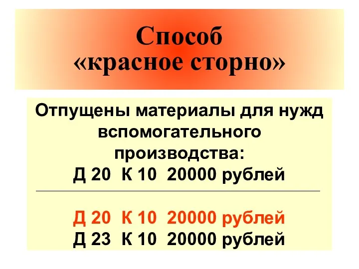 Отпущены материалы для нужд вспомогательного производства: Д 20 К 10 20000 рублей Д