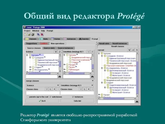 Общий вид редактора Protégé Редактор Protégé является свободно-распространяемой разработкой Стэнфордского университета