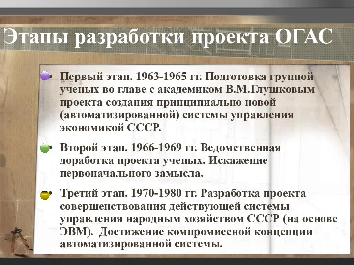 Этапы разработки проекта ОГАС Первый этап. 1963-1965 гг. Подготовка группой