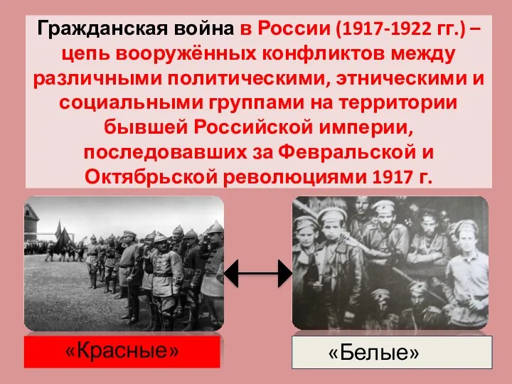 Гражданская война в России (1917-1922 гг.) – цепь вооружённых конфликтов между различными политическими,
