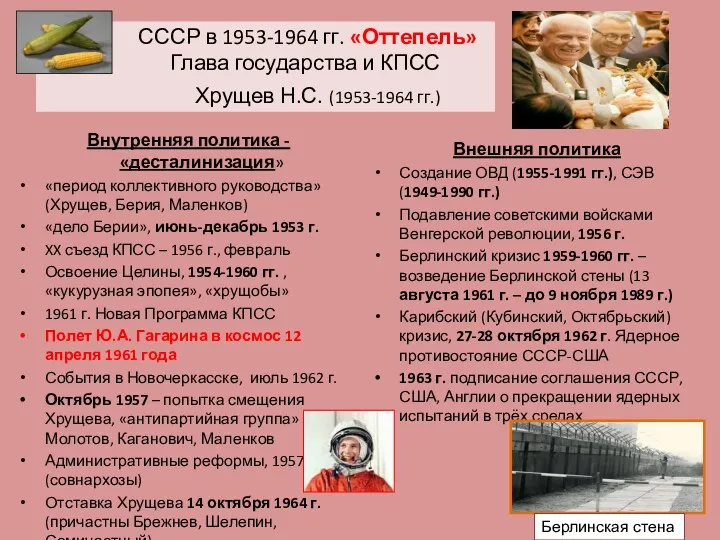 СССР в 1953-1964 гг. «Оттепель» Глава государства и КПСС Хрущев