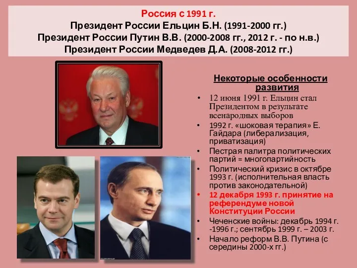 Россия с 1991 г. Президент России Ельцин Б.Н. (1991-2000 гг.) Президент России Путин