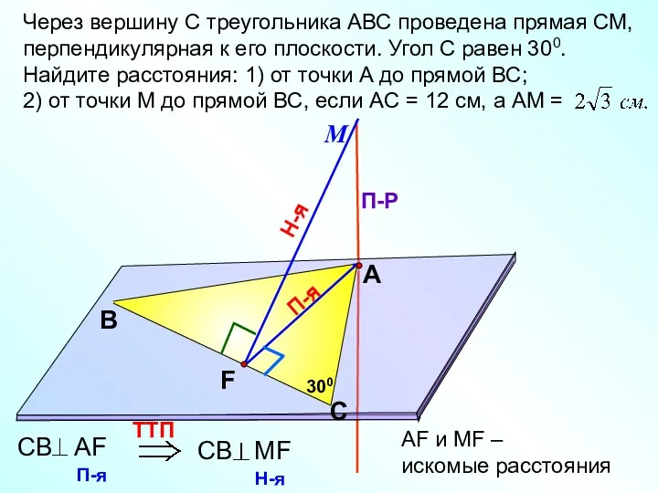 П-я Через вершину С треугольника АВС проведена прямая СМ, перпендикулярная