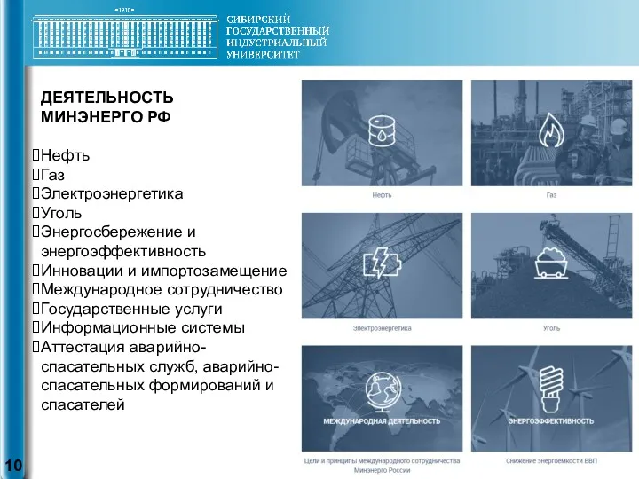 ДЕЯТЕЛЬНОСТЬ МИНЭНЕРГО РФ Нефть Газ Электроэнергетика Уголь Энергосбережение и энергоэффективность