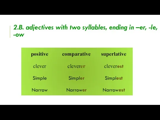 2.B. adjectives with two syllables, ending in –er, -le, -ow