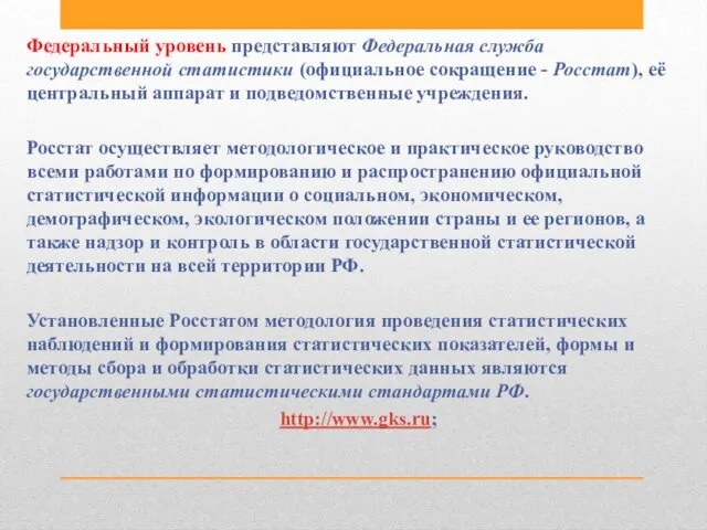 Федеральный уровень представляют Федеральная служба государственной статистики (официальное сокращение -