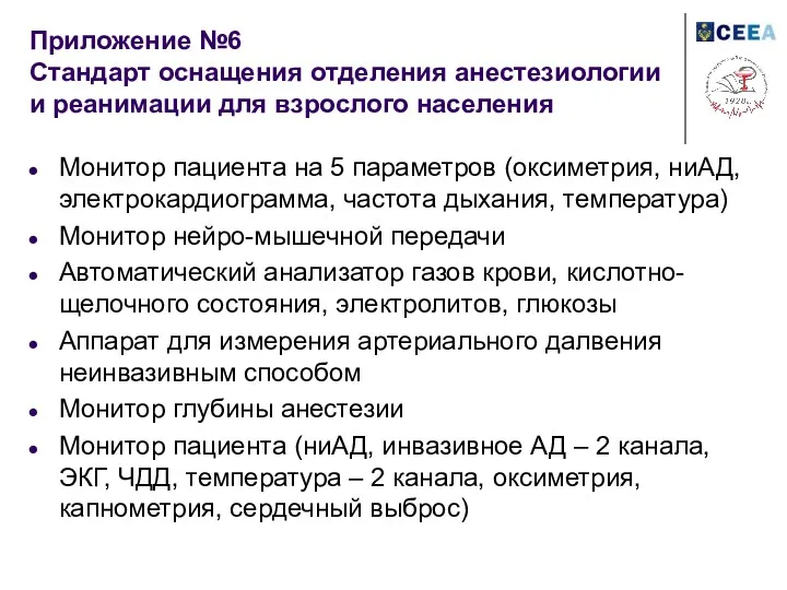 Приложение №6 Стандарт оснащения отделения анестезиологии и реанимации для взрослого