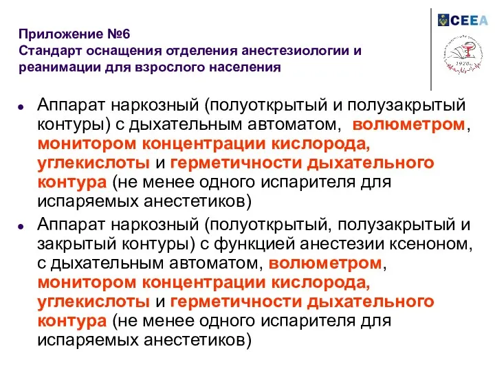 Приложение №6 Стандарт оснащения отделения анестезиологии и реанимации для взрослого