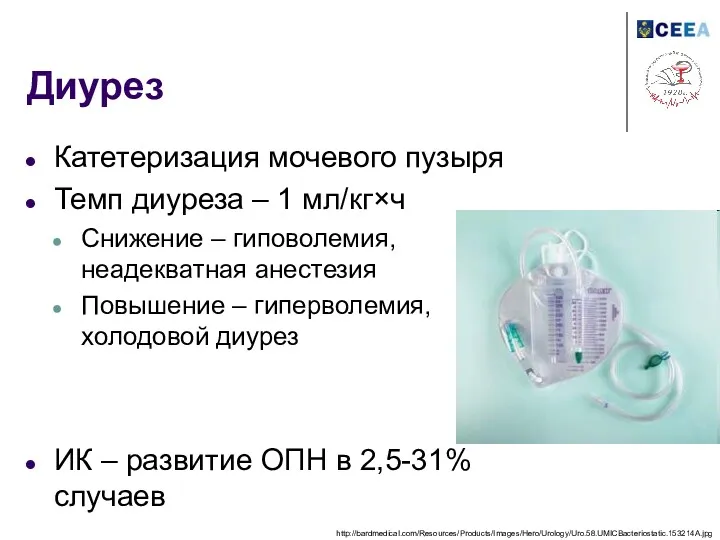 Диурез Катетеризация мочевого пузыря Темп диуреза – 1 мл/кг×ч Снижение