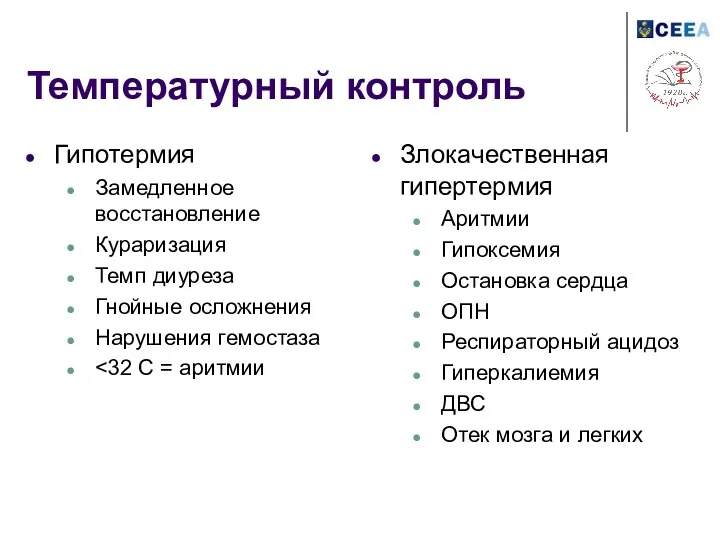 Температурный контроль Гипотермия Замедленное восстановление Кураризация Темп диуреза Гнойные осложнения