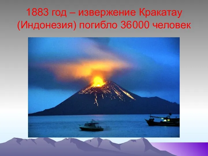 1883 год – извержение Кракатау (Индонезия) погибло 36000 человек