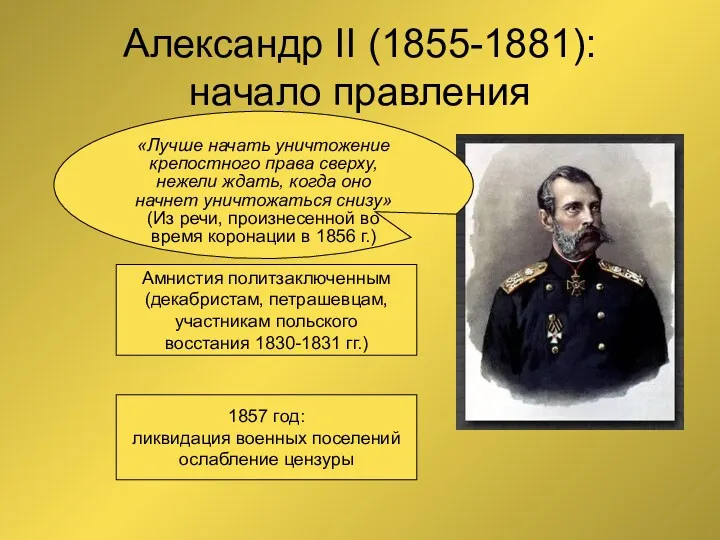 Александр II (1855-1881): начало правления «Лучше начать уничтожение крепостного права сверху, нежели ждать,